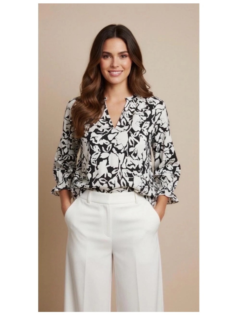 Evereve Popover Romantic Floral Blouse Black and White SZ XS